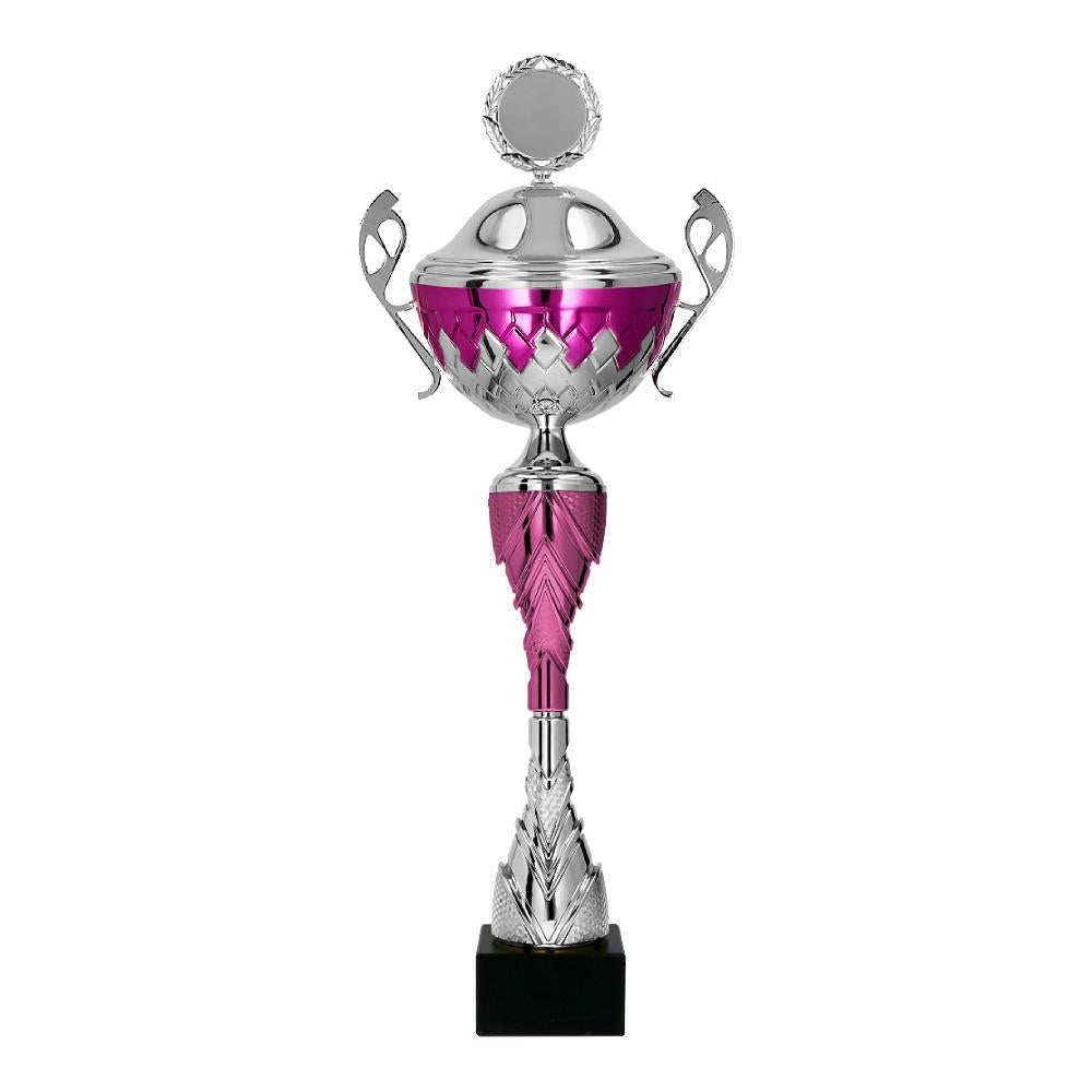 cupa metalica argintie cu mov si capac pentru premiere sportiva