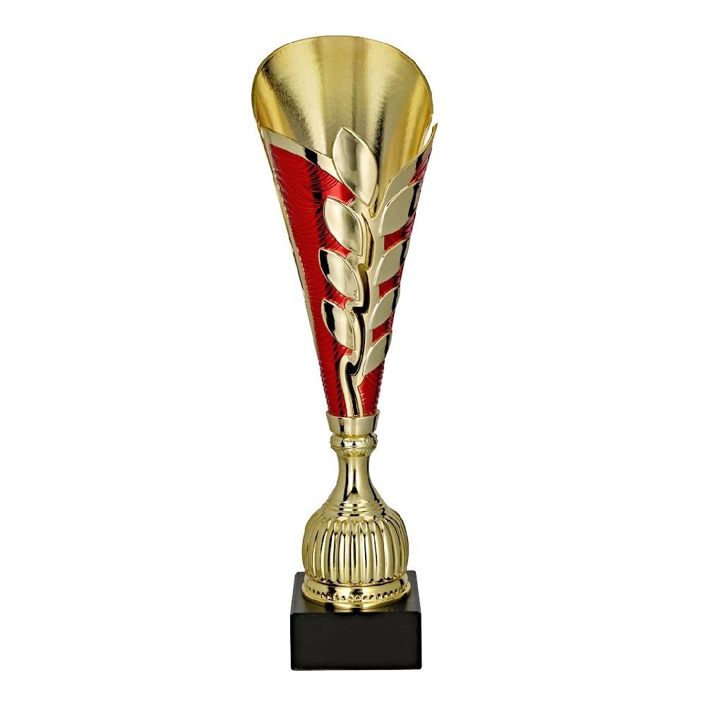 cupa aurie cu elemente rosii din plastic pentru premiere sportiva