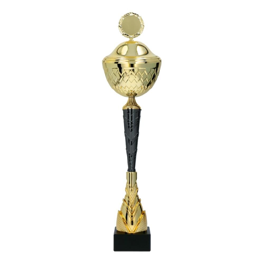 Cupa metalica aurie cu negru cu capac pe soclu negru