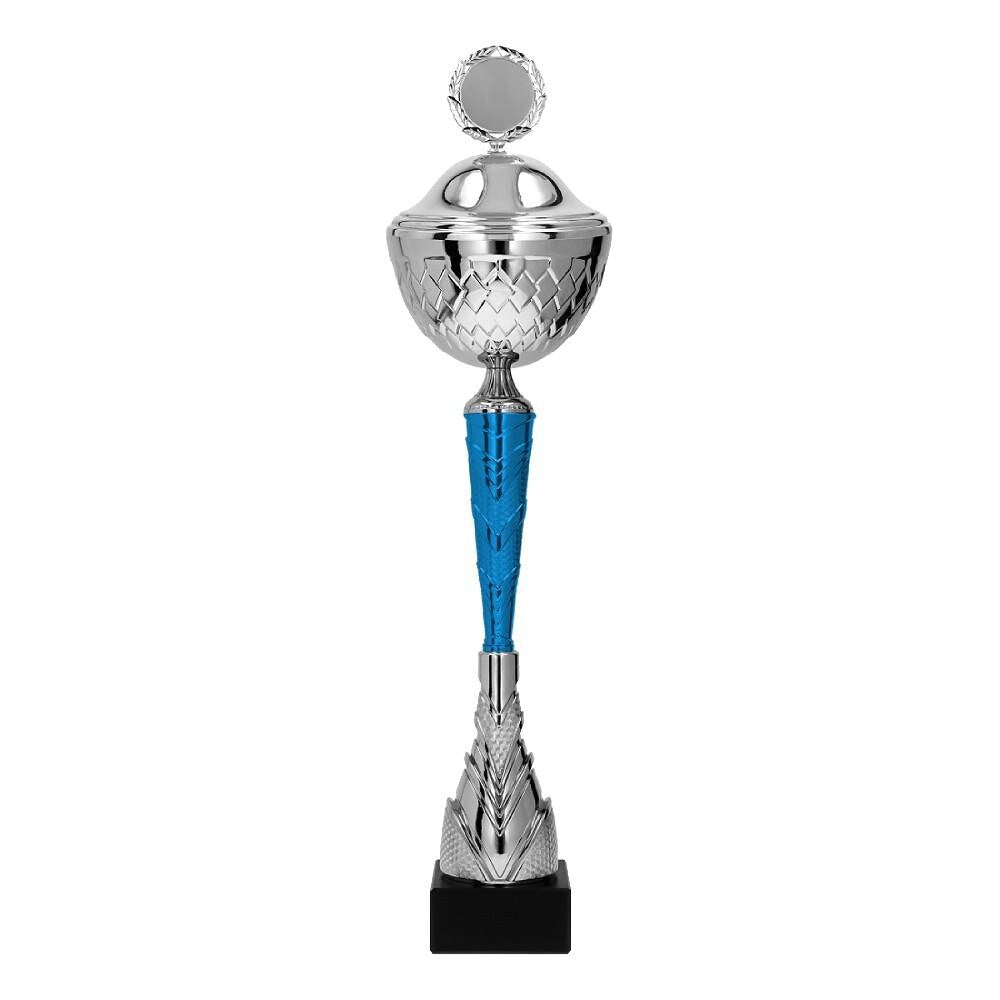 Cupa metalica argintie cu albastru si capac pentru premiere sportiva