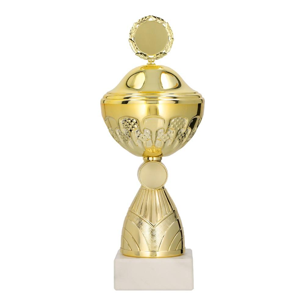 Cupa metalica aurie cu capac pe soclu negru
