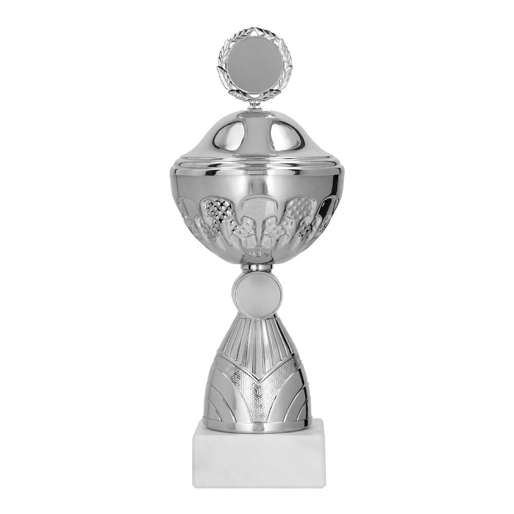 Cupa metalica argintie cu capac pe soclu negru