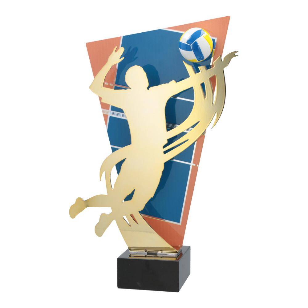 Trofeu metalic auriu cu albastru pentru volei cu inaltimea de 33.5 cm