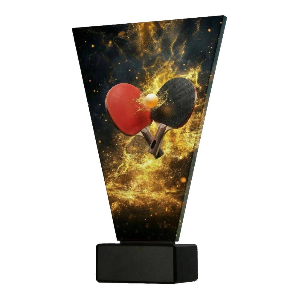 Trofeu din sticla neagra cu auriu pentru tenis de masa pe baza de marmura