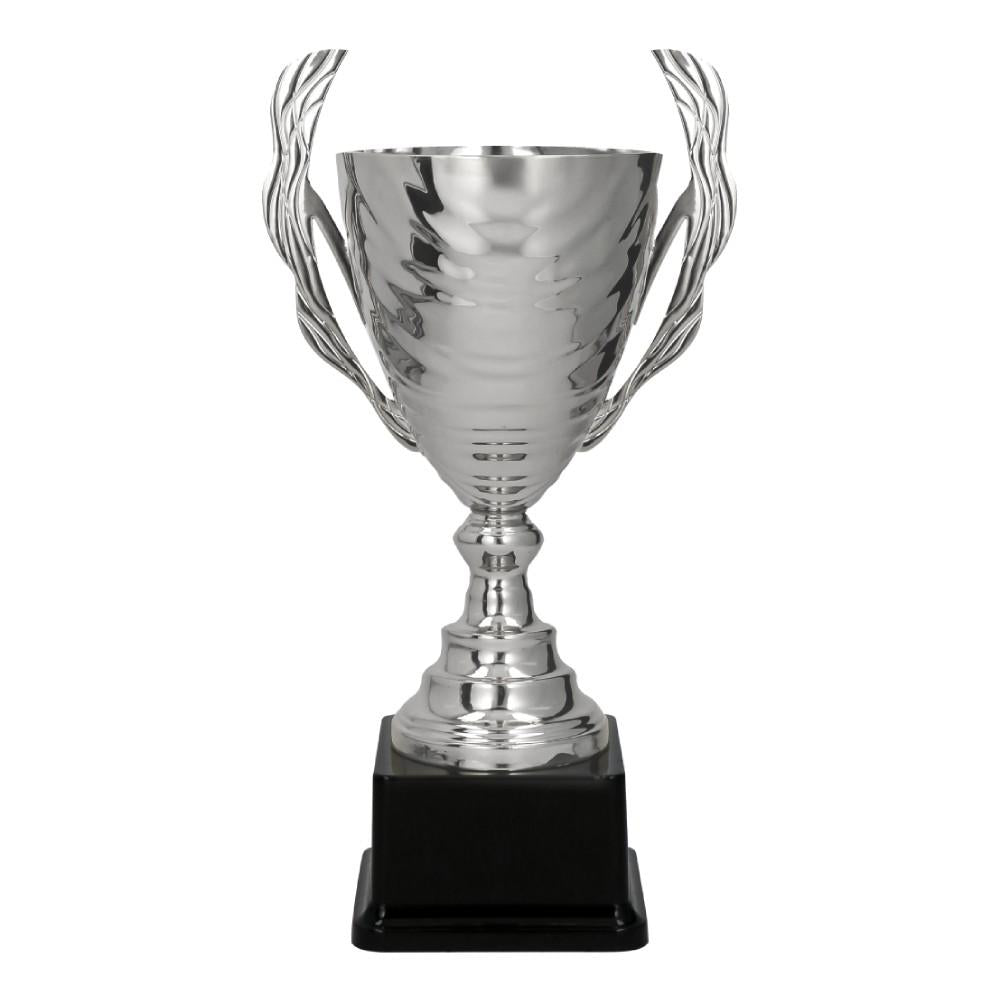 cupa metalica argintie pe soclu negru pentru premiere sportiva