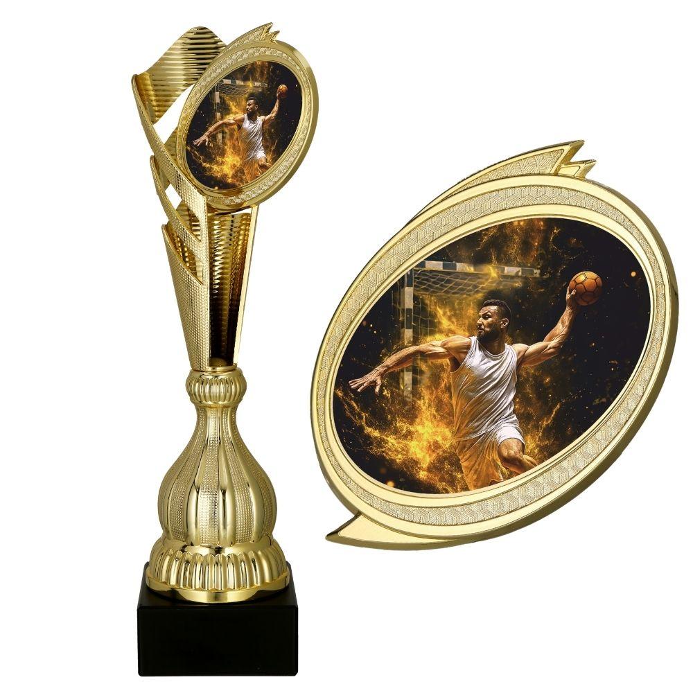 cupa aurie din plastic cu figurina handbal pe soclu