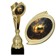 cupa aurie din plastic cu emblema de volei pe suport negru