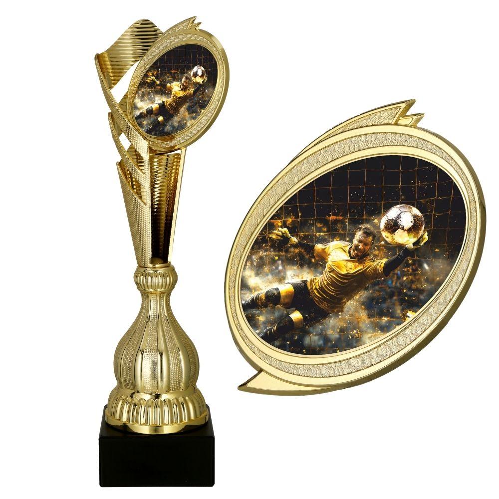cupa aurie din plastic cu element decorativ de fotbal pe soclu