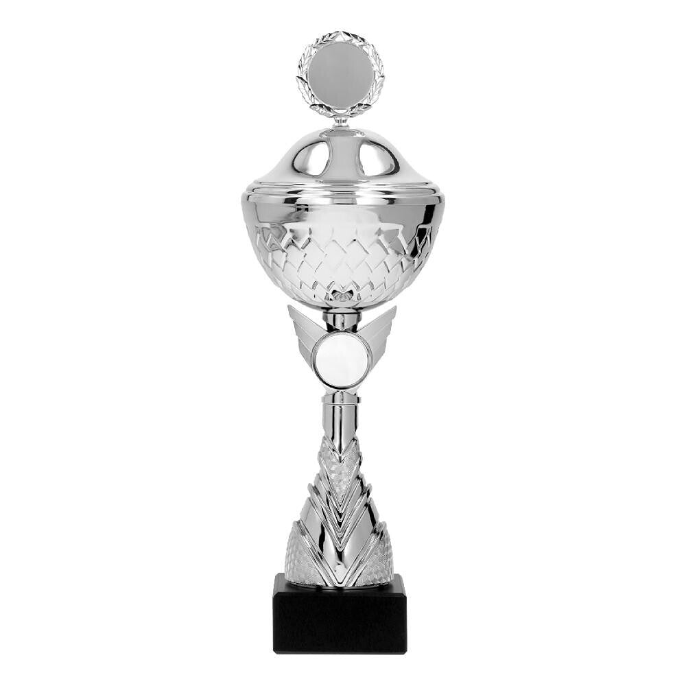 Cupa metalica argintie cu capac pe soclu negru