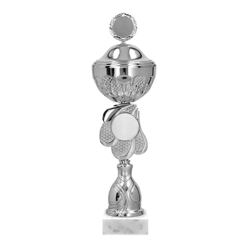 Cupa metalica argintie cu capac pe soclu negru