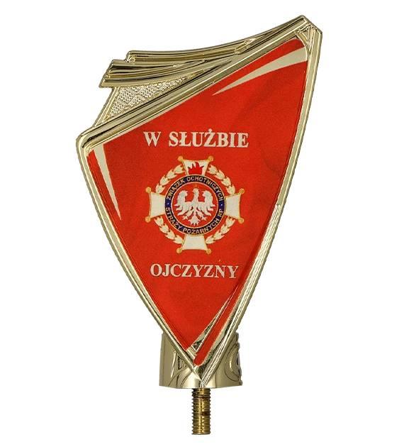 Figurina aurie din plastic reprezentand un simbol al pompierilor pe soclu