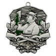 Medalie metalica rotunda cu simbol vanatoare si diametru 7.9 cm