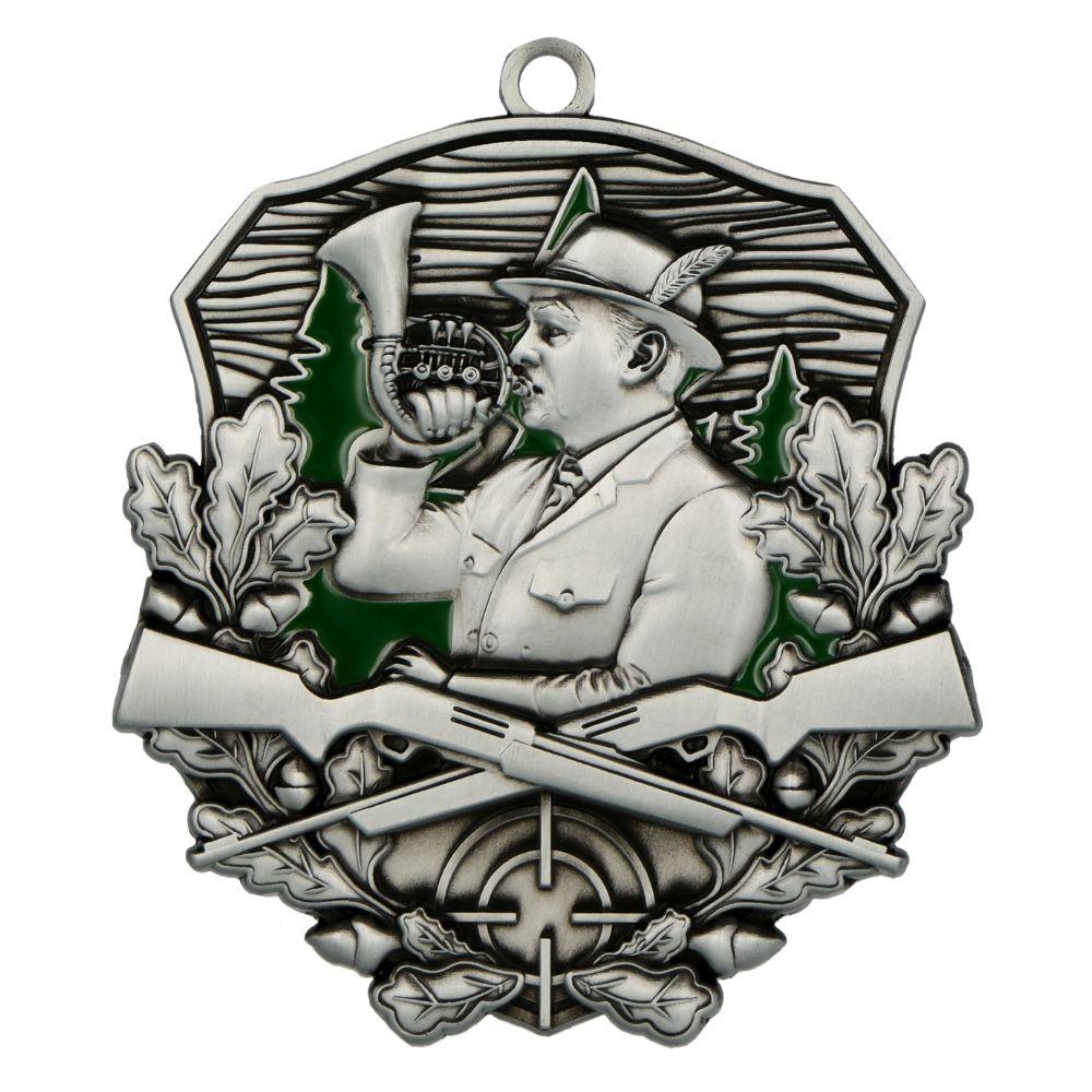 Medalie metalica rotunda cu simbol vanatoare si diametru 7.9 cm