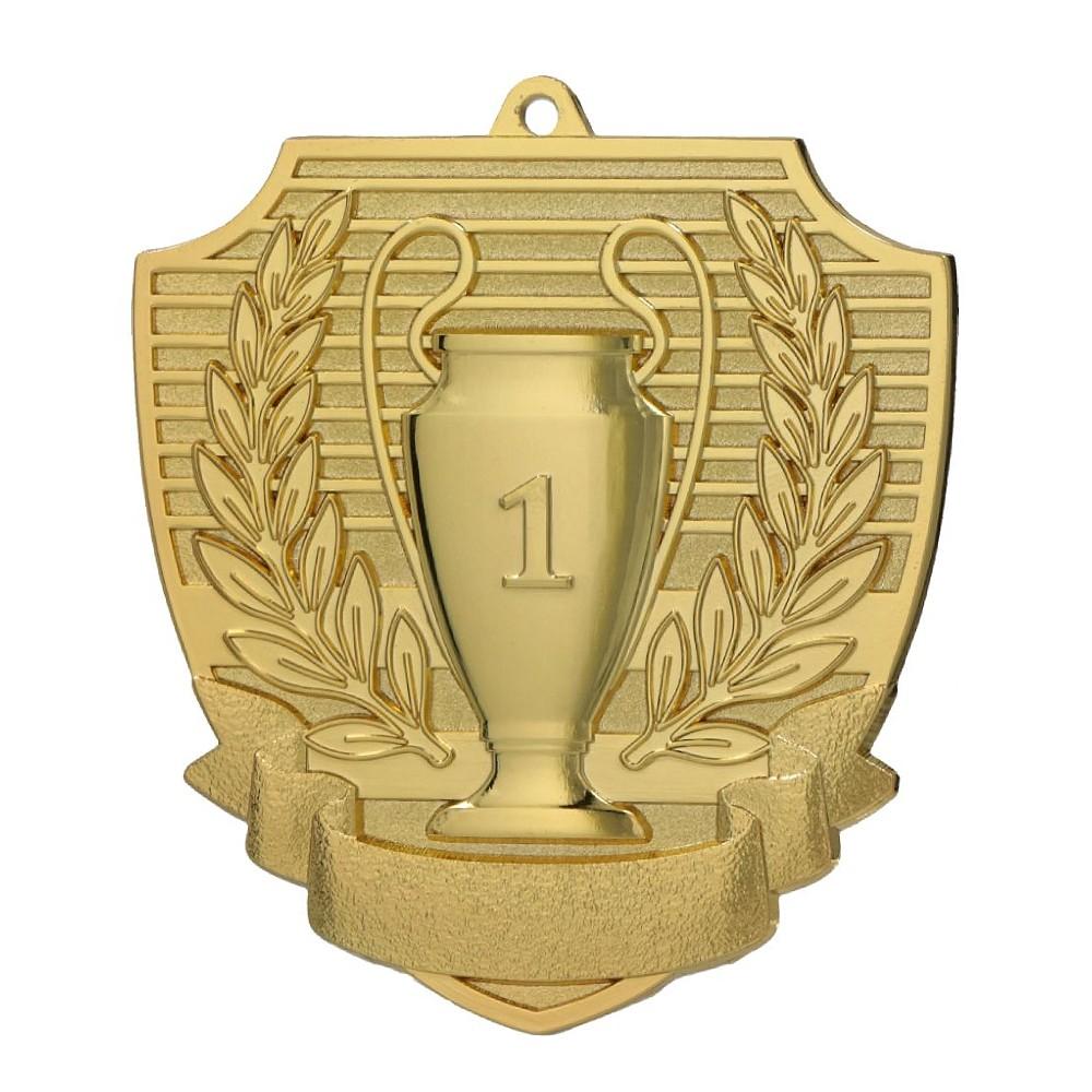 Medalie metalica rotunda cu design de cupe aplicat pe fata