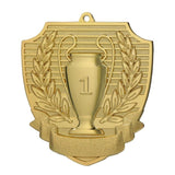 Medalie metalica rotunda cu design de cupe aplicat pe fata