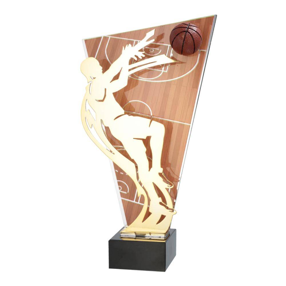 Trofeu metalic auriu cu rosu pentru baschet cu inaltimea de 33.5 cm