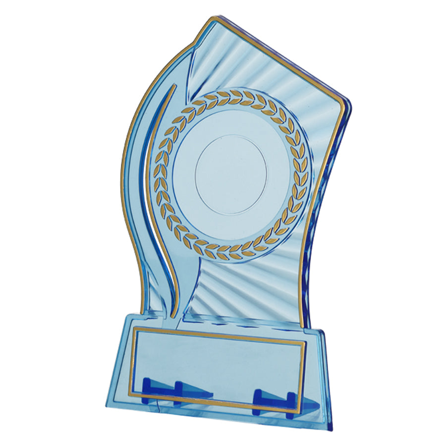 Trofeu de plastic transparent, albastru cu auriu, PS/BL/G