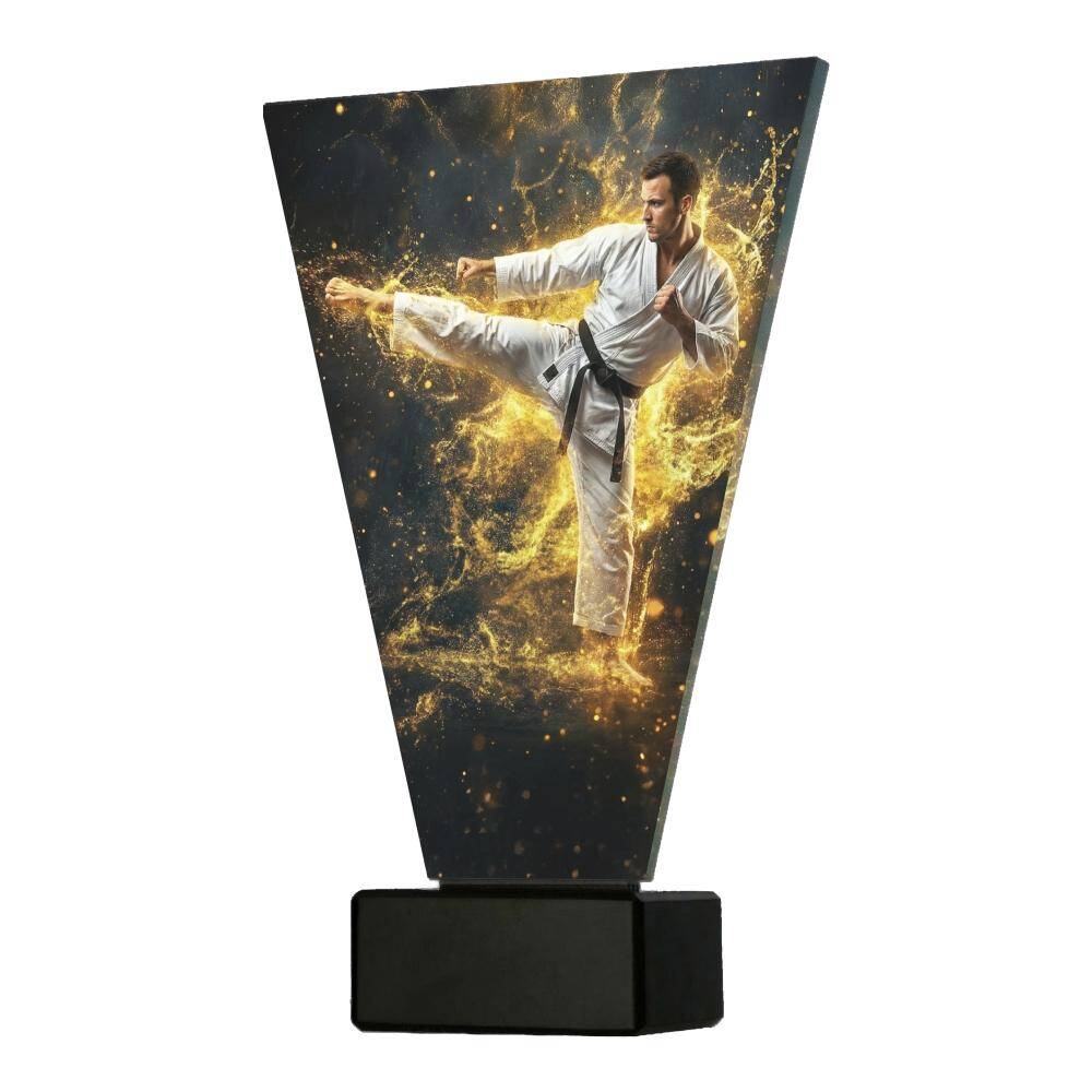 Trofeu din sticla neagra cu auriu pentru arte martiale pe baza de marmura