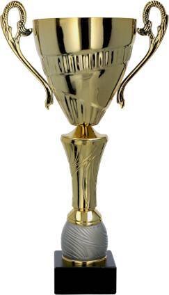 cupa metalica aurie cu argintiu cu design elegant pe soclu