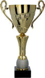 cupa metalica aurie cu argintiu cu design elegant pe soclu