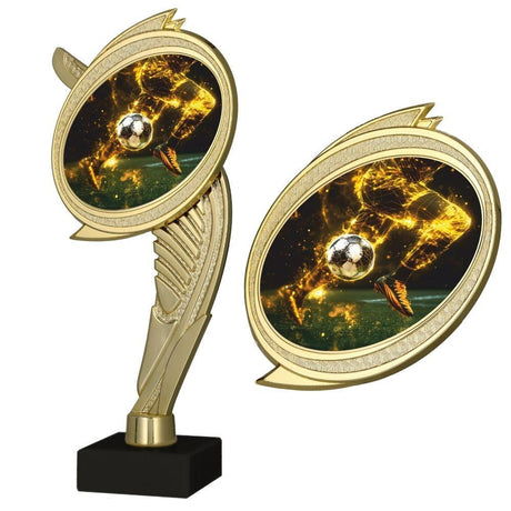 Trofeu auriu din plastic cu element grafic de fotbal pe soclu