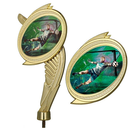 Figurina aurie din plastic reprezentand un jucator de fotbal pe soclu de 20 cm